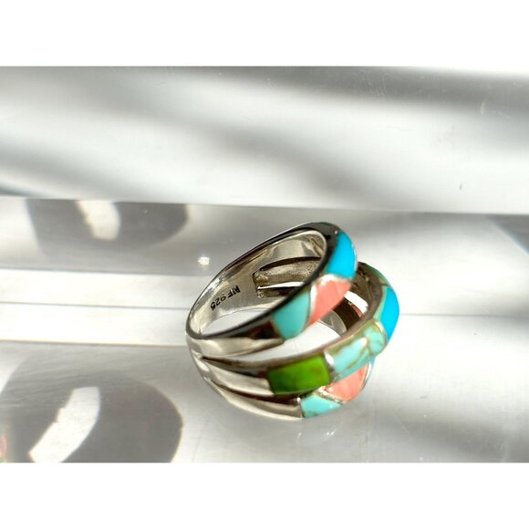 Navajo Style Turquoise & Coral Inlay Shank Vintage Unisex Ring - sz 5 - Picture 8 of 10
